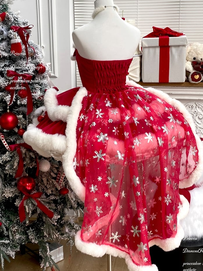 Red Christmas Snowflake Bows Bodice Plush Trimming Strapless Dress