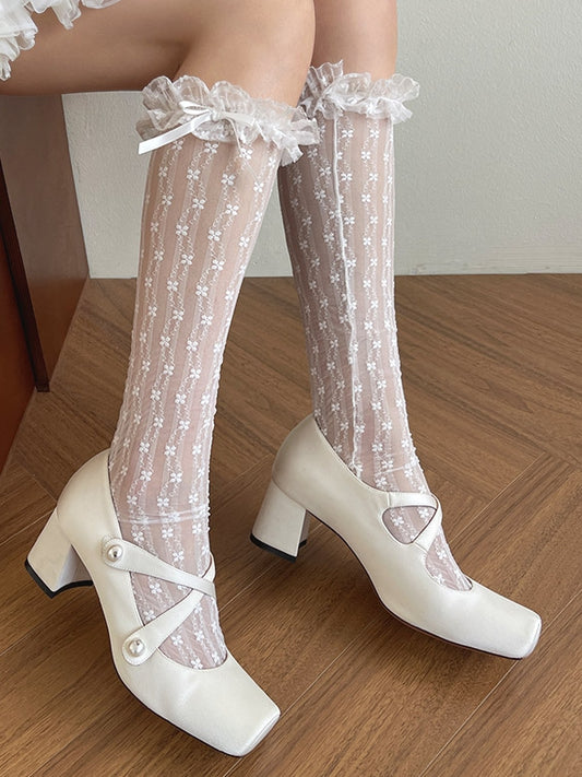 Trim Lace Under-Knee Floral White/Beige/Black Lolita Stockings