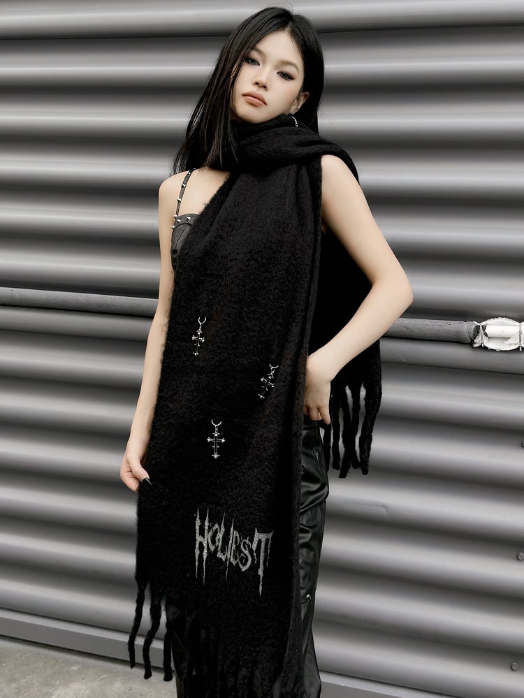 Punk Black Letters Pattern Cross Charms Adorned Knit Scarf Fringe Hem