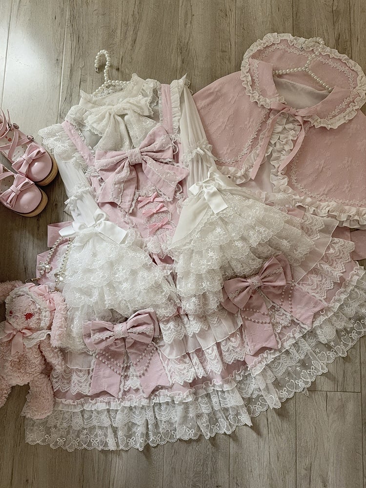 Decoration Tiered Lolita Chain Skirt Hanayome Bead Bows Big Pink Dress
