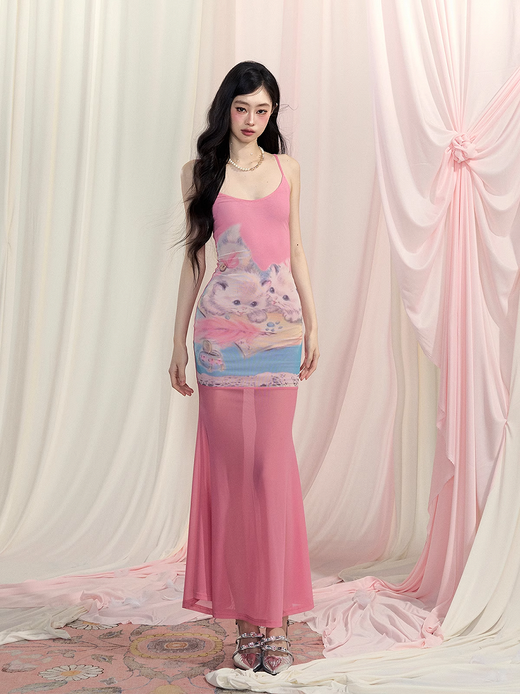 Pink Cute Cat Print Bodycon Skirt Slip Dress Mermaid