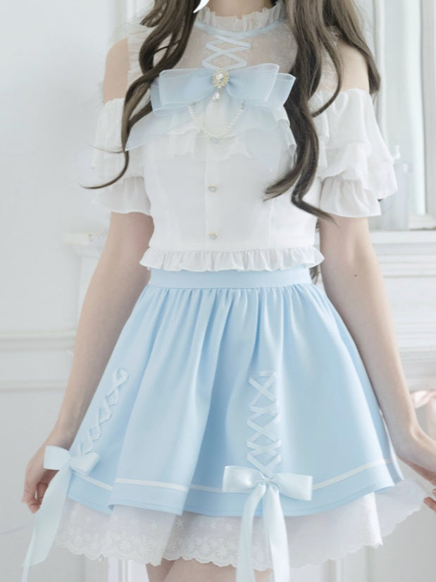 Illusion Skirt Shoulder Blue Criss-cross Open White Design Top+ Neckline Kei Set Jirai
