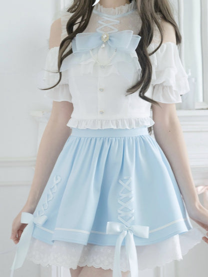 Illusion Skirt Shoulder Blue Criss-cross Open White Design Top+ Neckline Kei Set Jirai