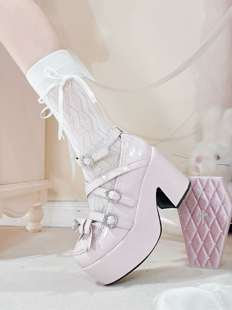 Polished Pink Jirai Kei Bow Rhinestone Platform High Block Heels