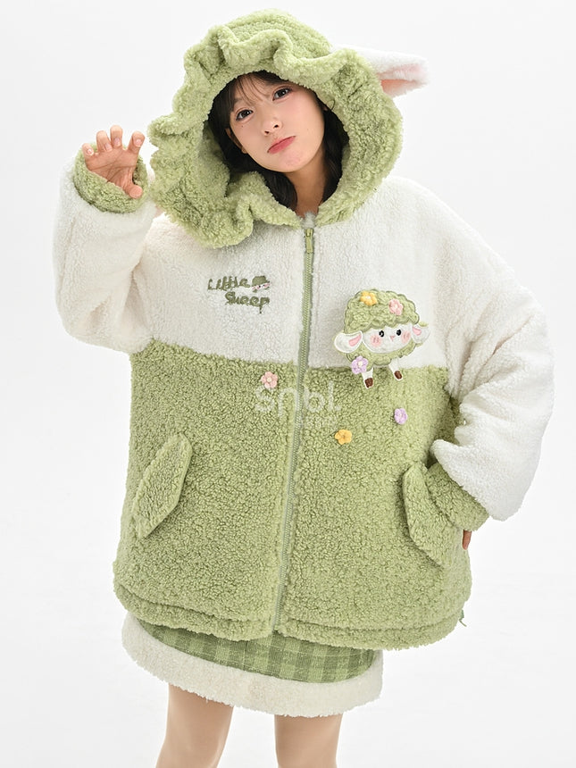Cute Lamb Applique White and Green Colorblock Design Fleece Zip Hoodie