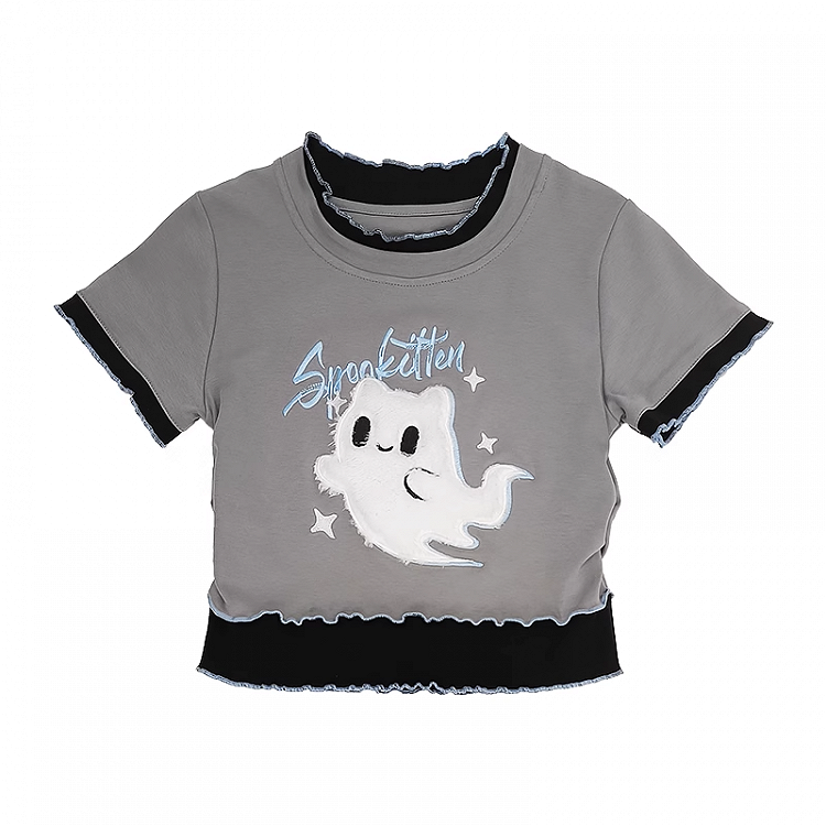 Two-pieces Y2K Faux Ghost Embroidery Lettuce Hem T-Shirt Gray Plush