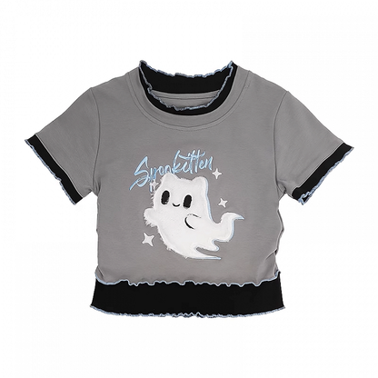 Two-pieces Y2K Faux Ghost Embroidery Lettuce Hem T-Shirt Gray Plush