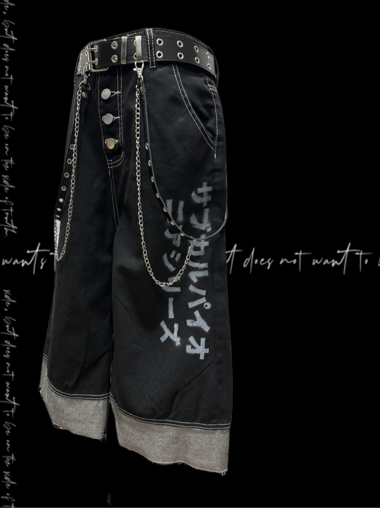 Wide-Leg Jeans Black Faded Wash Multi-Button Placket