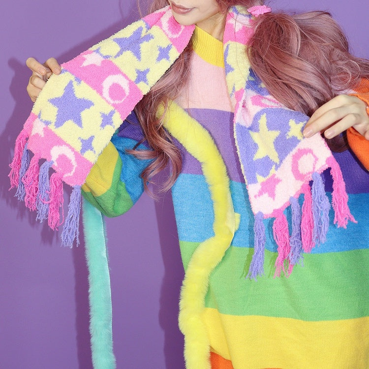 Star And Colorful Moon Striped Pattern Scarf Y2K