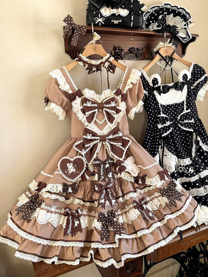 One Bow Ruffle Lolita Sweet Bunny Theme Dress Brown Accents Piece Princess