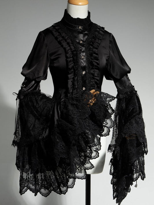 Neck Aristocrat Patched Fashion Lace Sleeves Black Shirt Ouji Bell Lolita Ruffled