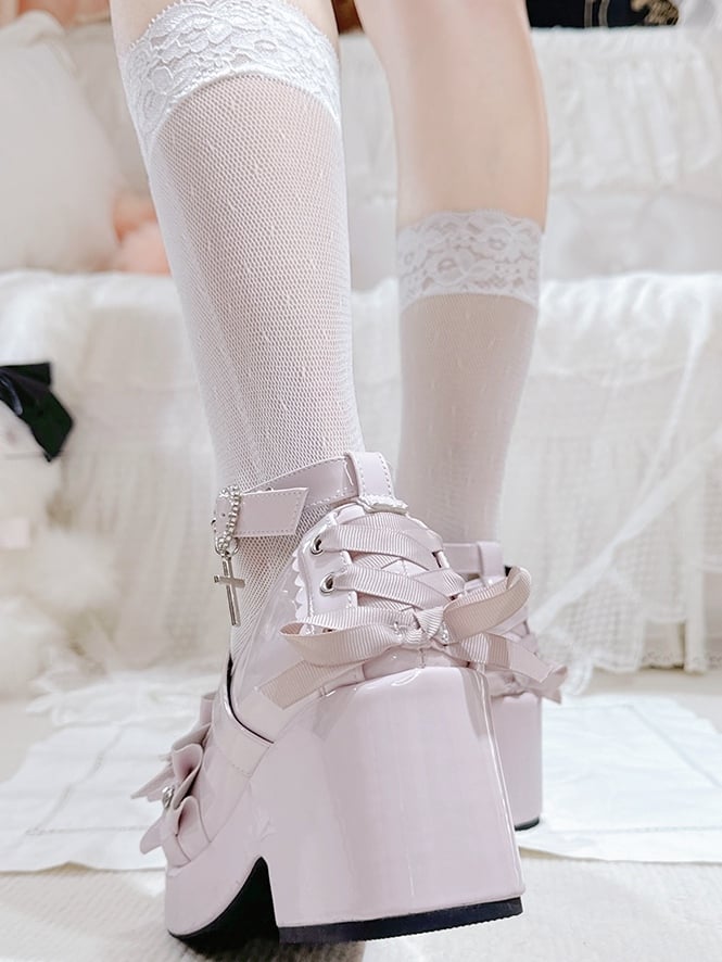 Decorated Jirai Kei Block Heels Lace-up Polished Platform Pink Details High Heart Rhinestone