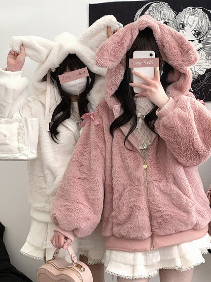 Jirai Kei Pink Bunny Ears Hood Landmine Style Plush Zip Hoodie