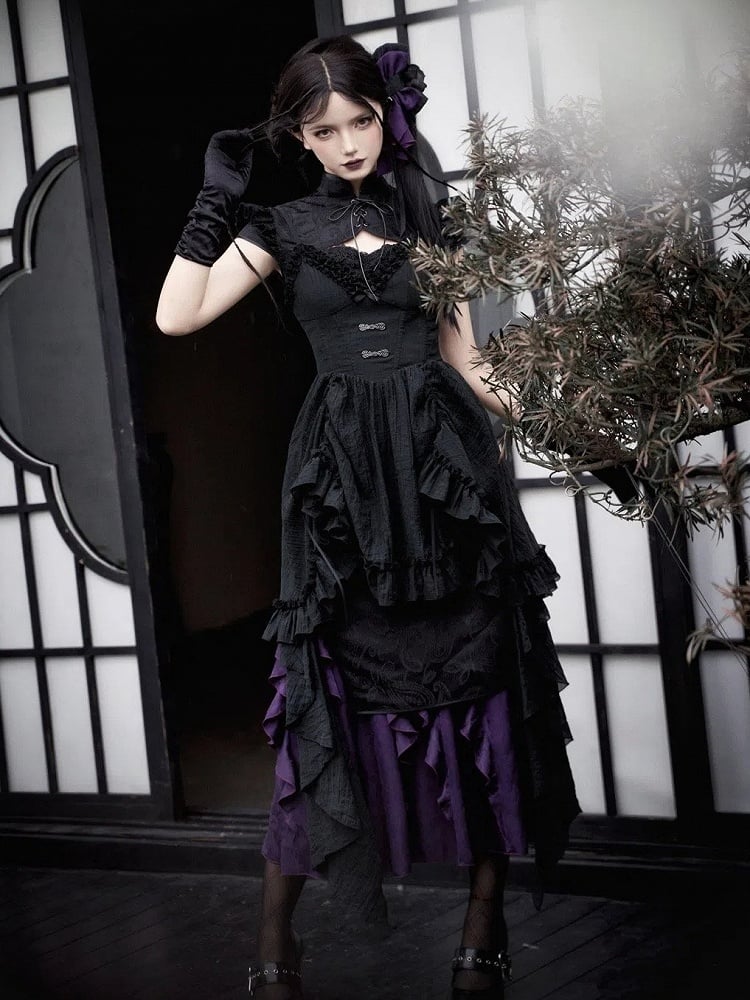 Full Jacquard Hem Qi Ruffle Set Black Qipao Cthulhu Lolita Dress Vibes Purple Trim Cascading
