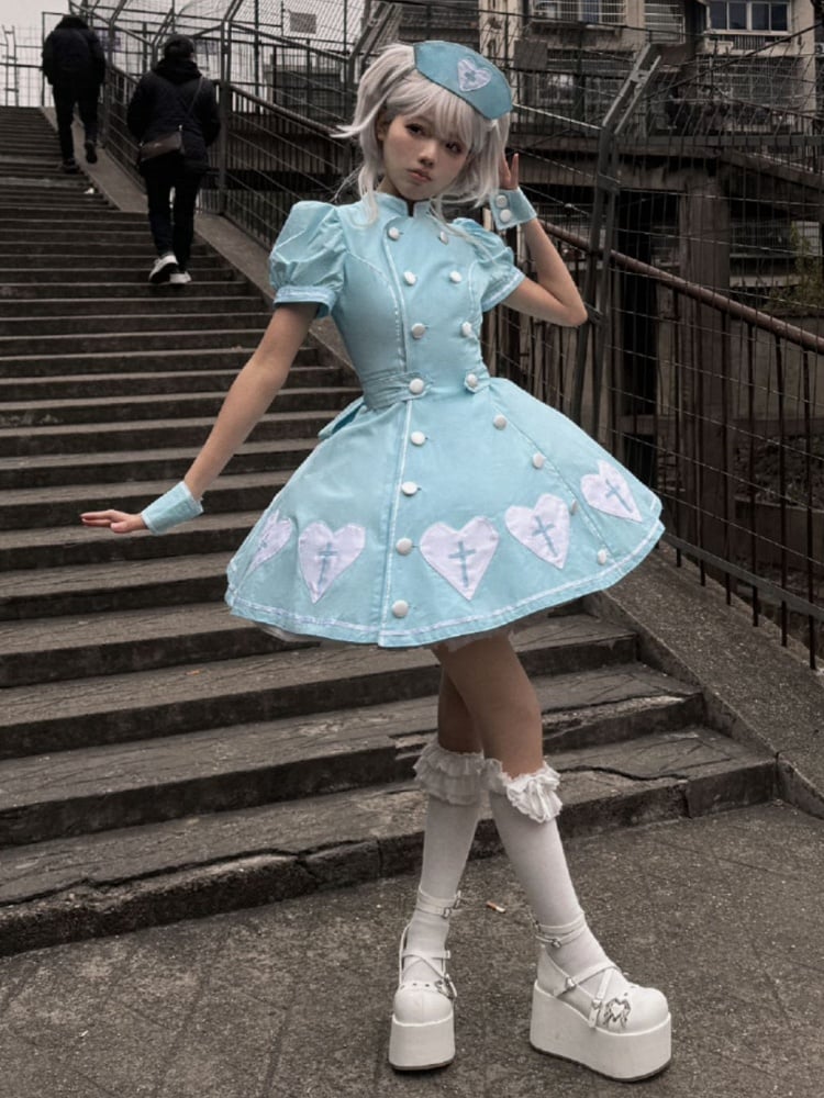 Heart Puff Patches Sleeves Lolita Blue White Dress Nurse Cross