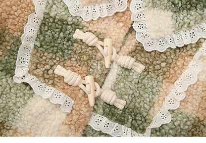Green Polo Collar Lace Trim Plaid Fleece Coat