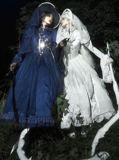 Dark Blue Dragon Bone Embroidery Drawstring Design Gothic Lolita Skirt