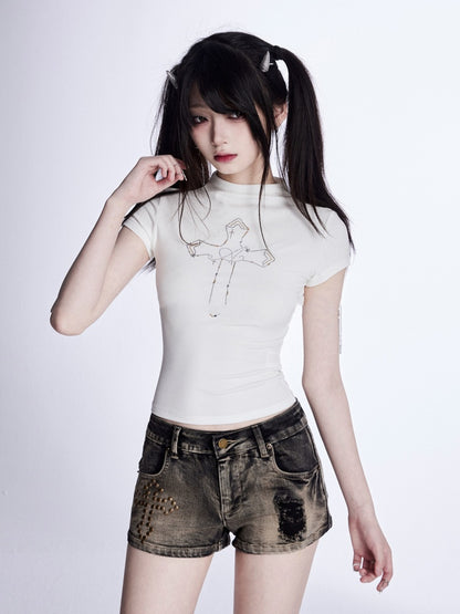 Glamorous Denim Shorts Waist Cross Studs Distressed Black Low