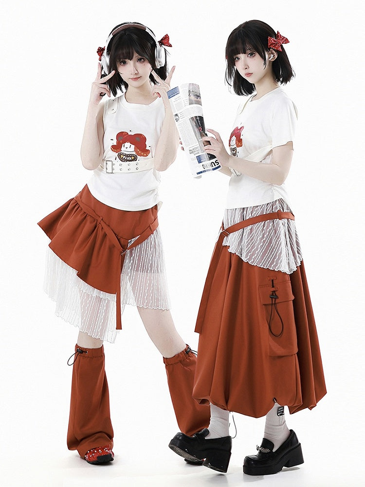 White Cartoon Print T-Shirt with Detachable Buckle Strap