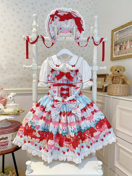 Lolita Blue Strawberry Sweet Dessert and Print Dress