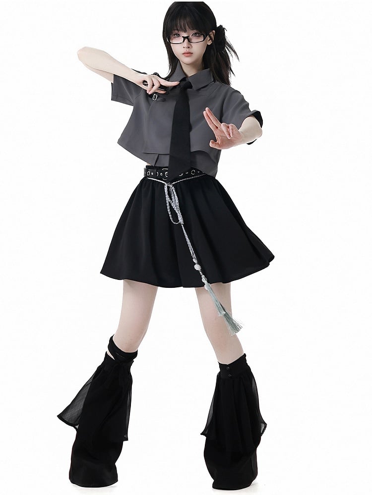 Belt Black Cheongsam Tassel Style Shorts with Buckle Belt and