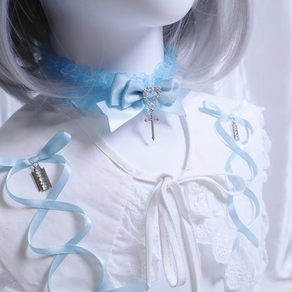 Pink/Blue/White Jirai Kei Cross Adorned Lace Trim Bowknot Hairband/Necklace/Wristcuff