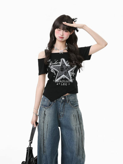 Two-Piece Top with Star Embroidery Black/White Faux Asymmetrical Off-Shoulder
