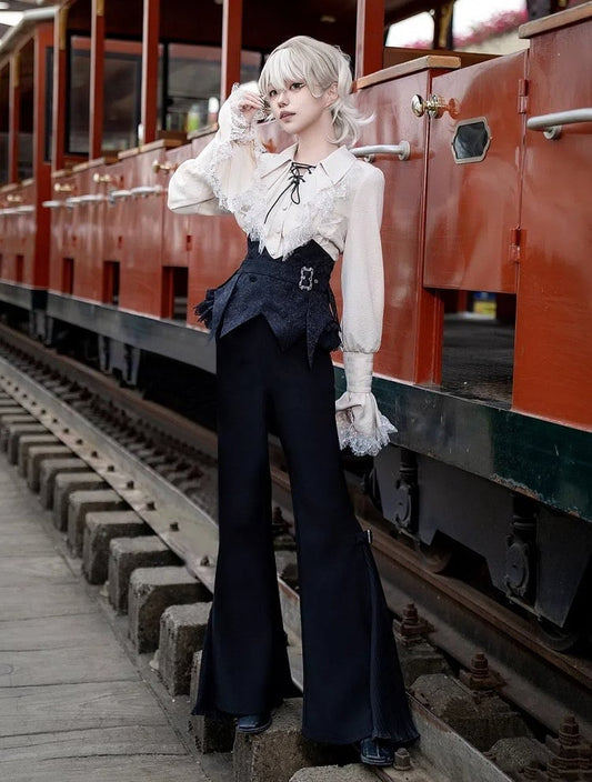 Gothic - Pants Belt with Straps Set + Blue Flared Lolita Ouji Corset Bowtie Black Boned