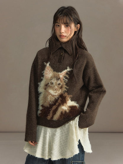 Beige/Brown Cozy Loose-Fit Pullover Sweater with Cat Design and Convertible Collar