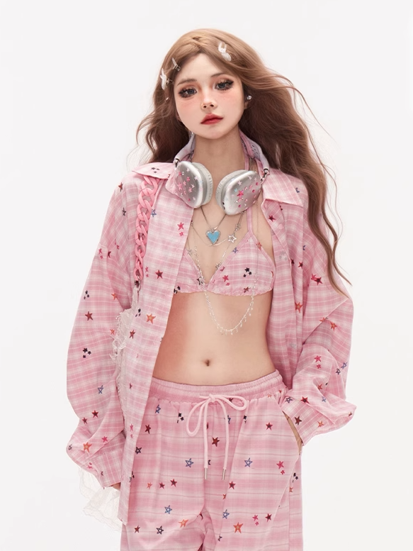 ヴィンテージチェックシャツ柄 ピンクスター