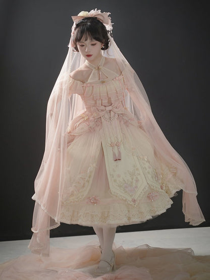 Ombre Pink Peach Blossom Halter Neck Han Lolita Dress Full Set