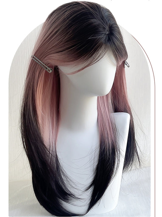 And Length Bangs Pink Wig Hair Straight Curtain 60CM Black Ombre With Color