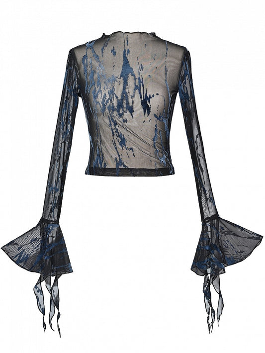 Mesh Bell Grunge and Fairycore Black Rock Punk Blue Sleeves Top