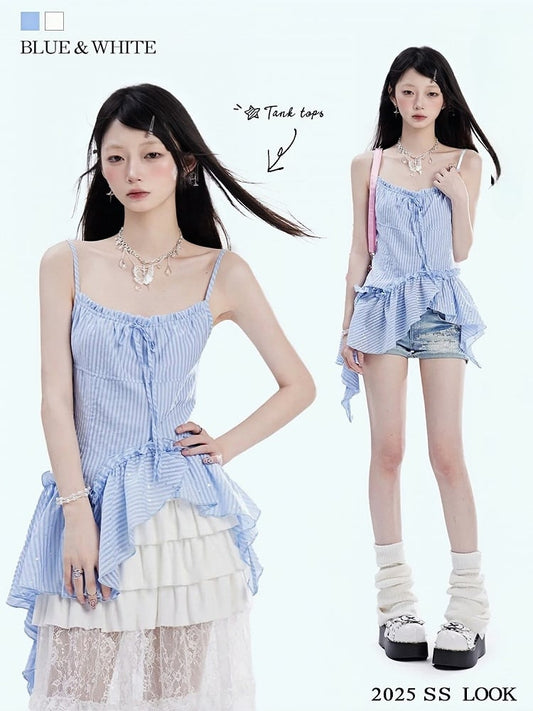 Cami Top Blue Striped Pattern Asymmetrical Hem