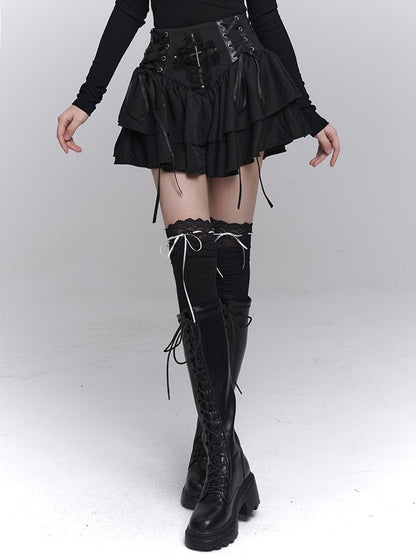 Lace Tiered Skirt Cross Black Lace-up Waist Studded