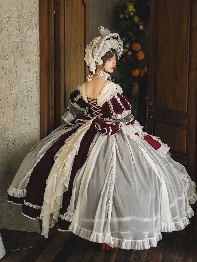 Rüschen High-Low Lolita Rot Schimmerndes Samtkleid Kaskadierendes Hanayome und Weiß