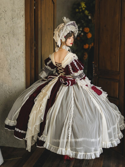 Rüschen High-Low Lolita Rot Schimmerndes Samtkleid Kaskadierendes Hanayome und Weiß