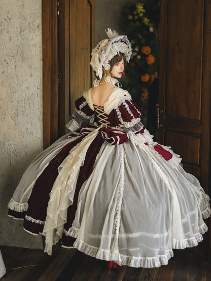 Hanayome Set Shimmering OP High-low and Velvet Lolita Gorgeous Full Dress White Red