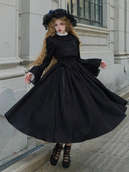 Black Rosette Scalloped Edge Under Bust Classic Lolita Jumper Skirt