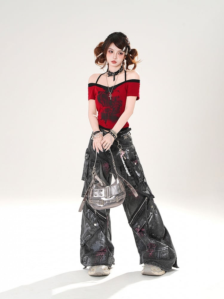 Distressed Black Wide-leg Jeans Rise Zipper Details Low Spray Paint Print