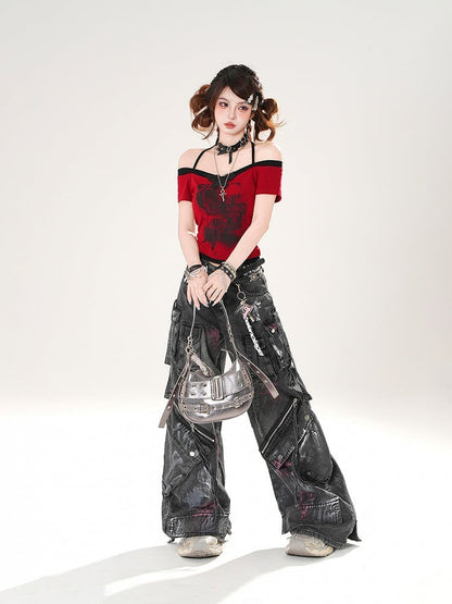 Distressed Black Wide-leg Jeans Rise Zipper Details Low Spray Paint Print