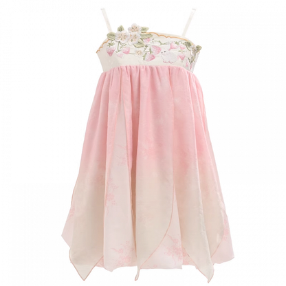 Ombre Style Spaghetti Strap Dress Empire Pink Waist Strawberry Embroidery Cheongsam