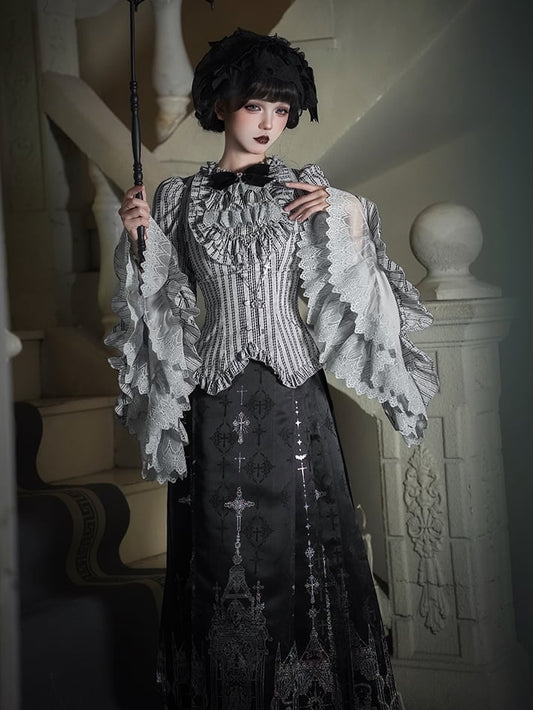 Bell Black Lace Gray Trim Striped Lolita Sleeves Gothic Shirt with Bowtie