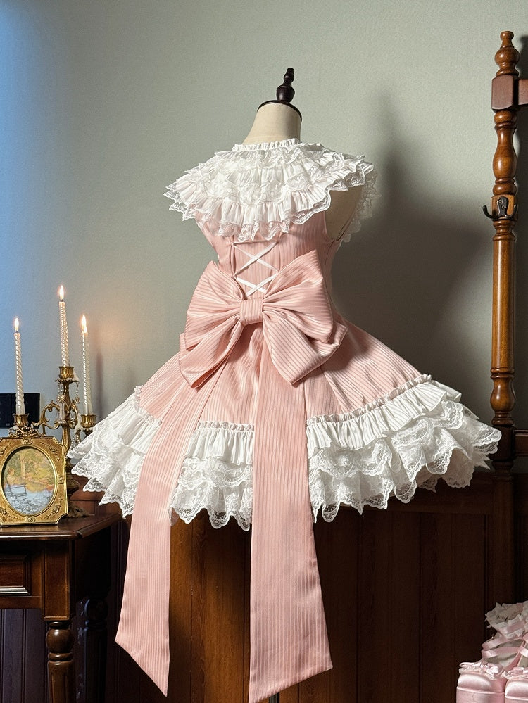 Pink Striped Fabric Slim Fit Waist White Layered Ruffle Neck Sweet Lolita Sleeveless Dress