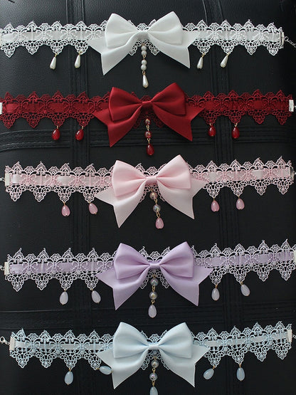 Beaded Pendant Bowknot Details Lace Choker