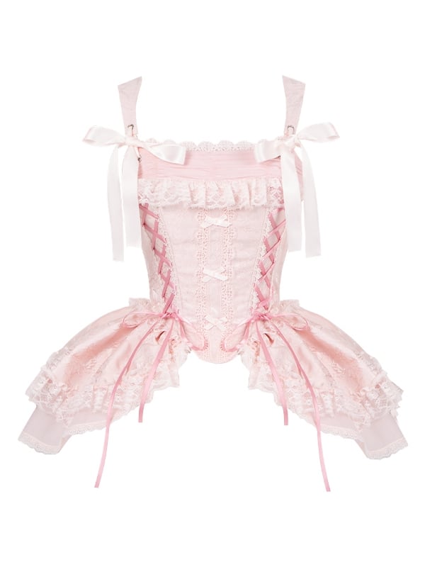 Corset Details Boned Jacquard Pink Lace-up