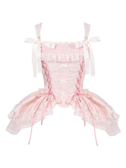 Corset Details Boned Jacquard Pink Lace-up