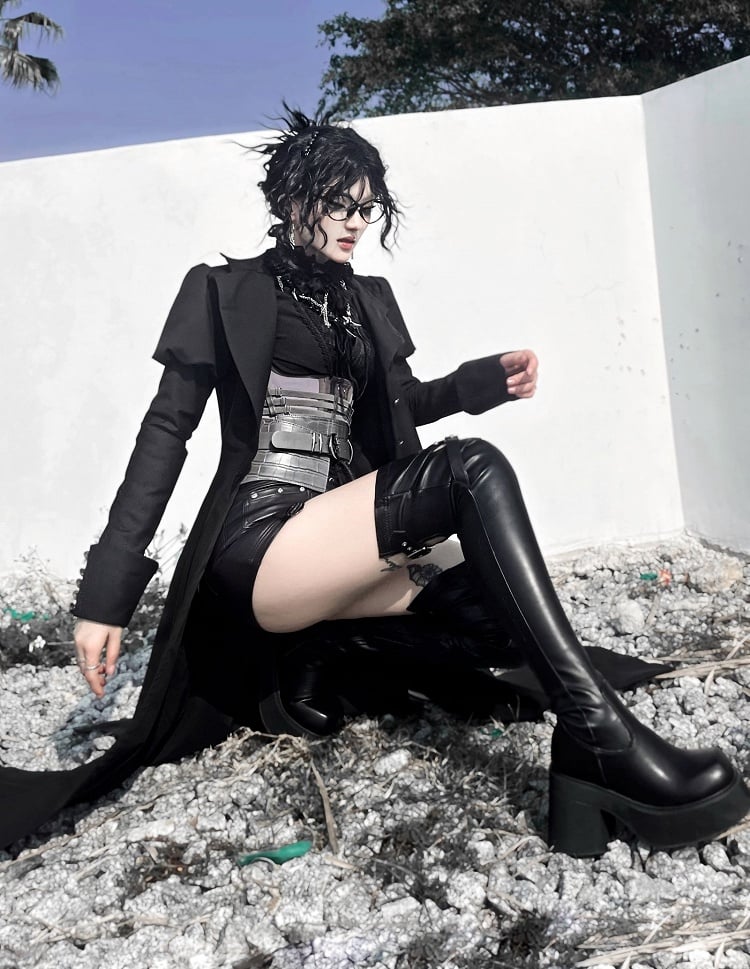 Matte Black Heart-shaped Cutout Detail Gothic Thigh-high Boots