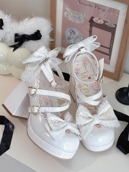Block Heels Buckles High Bow Detachable Crisscross Design White Top Heart at