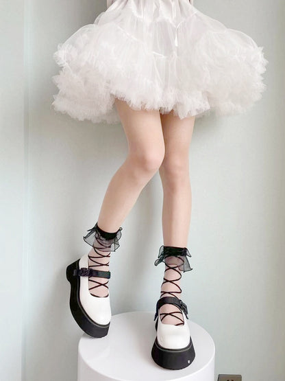 White/Black Organza Ruffled Cuff Crisscorss Banded Lolita Ankle Socks